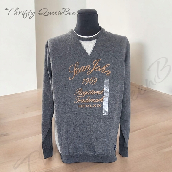 Sean John Sweatshirt Men Size XL Long Sleeve Graphic Gray Cotton Blend Crew Neck - Picture 1 of 16